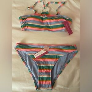•Medium 4-6• 2 PIECE Target Xhilaration Ribbed Ring Bandeau Striped Swim Suit